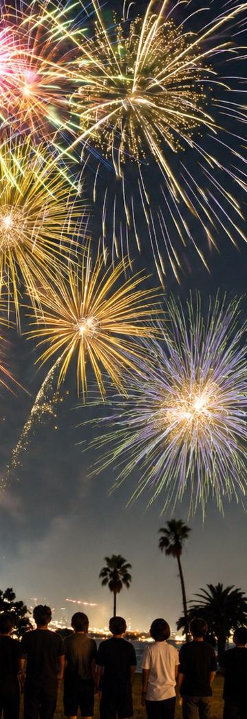夜空に上がる花火を見上げる仲間たち